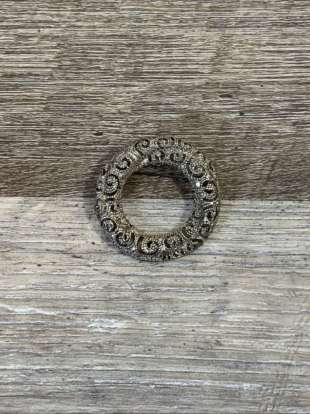 Intricate Filigree Round Brooch in Antique Silver